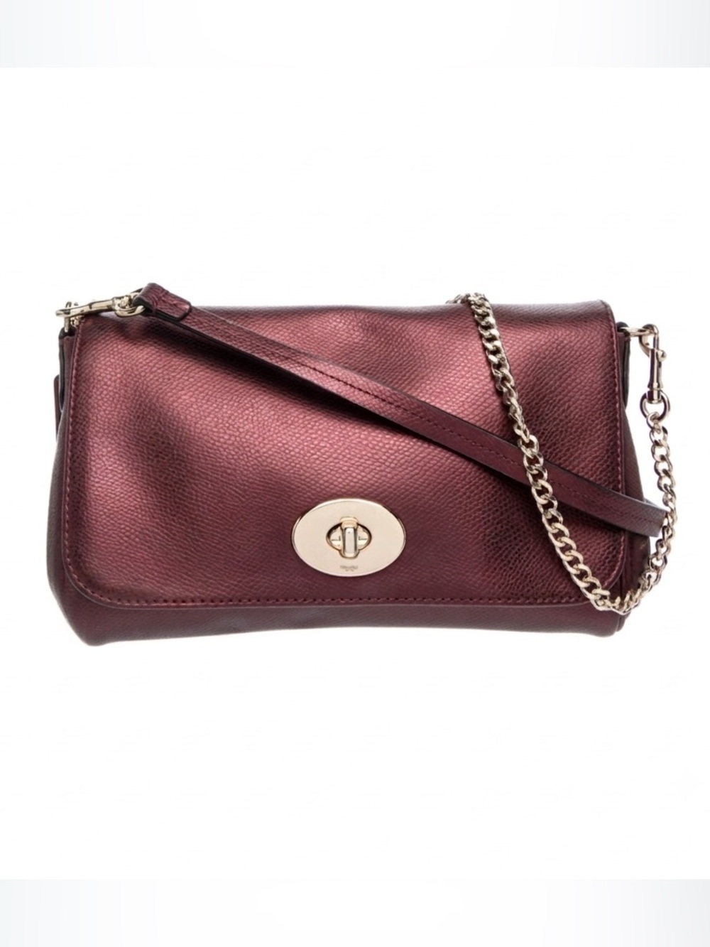 Coach F34604 Mini Ruby Crossbody Clutch Metallic Cherry Plum 3 Way Wear Turnlock